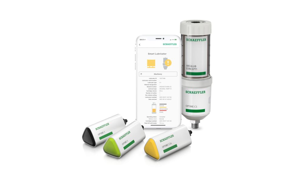 Schaeffler combines the sensor variants Optime 3, Optime 5, and Optime 5 Ex for wireless condition monitoring with the intelligent, interconnected lubricator Optime C1 for automated lubrication to form one solution.